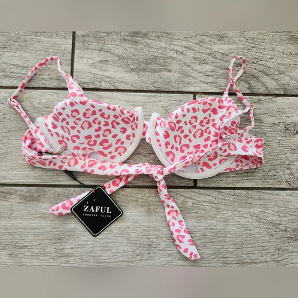 ZAFUL Leopard Side Tie Push Up Bikini Swimwear Set Sz Medium Pink Underwire NEW - Picture 8 of 9